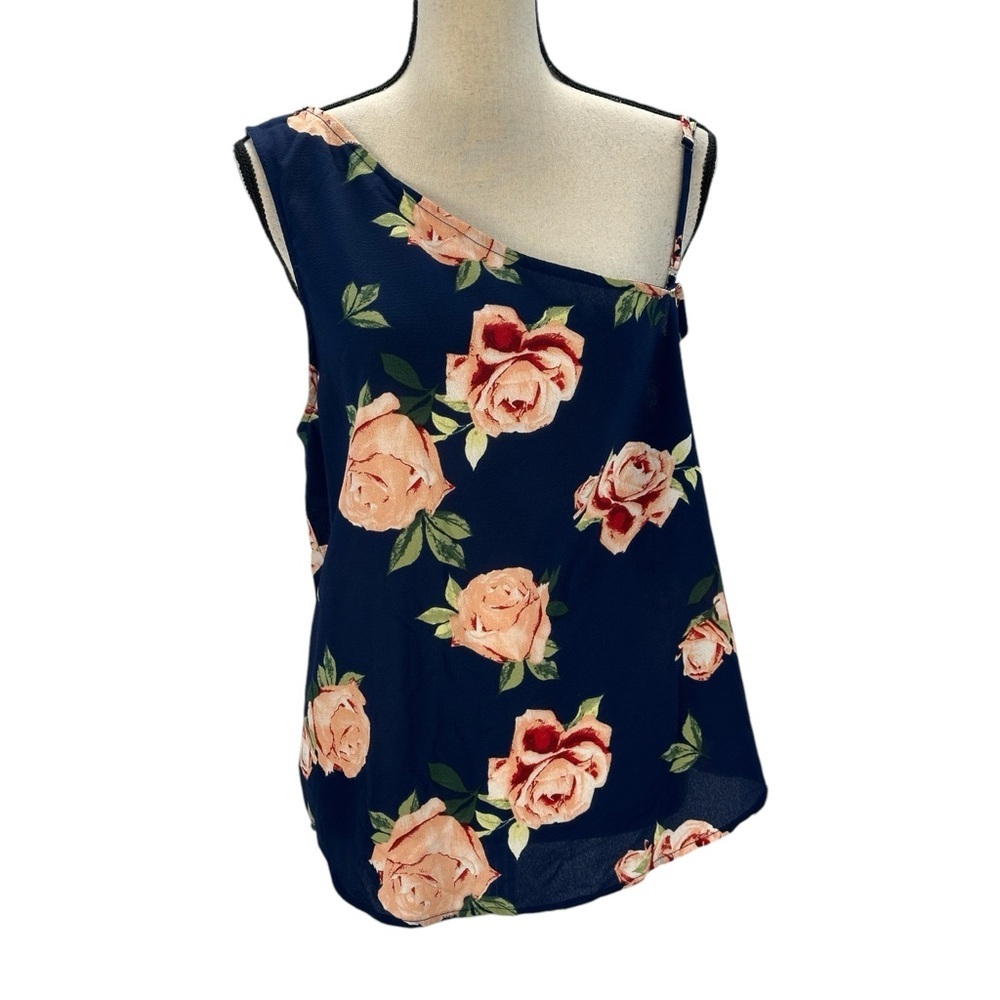 Seven Sisters Sleeveless One Shoulder Floral Rose Print Blouse - Blue Pink Green